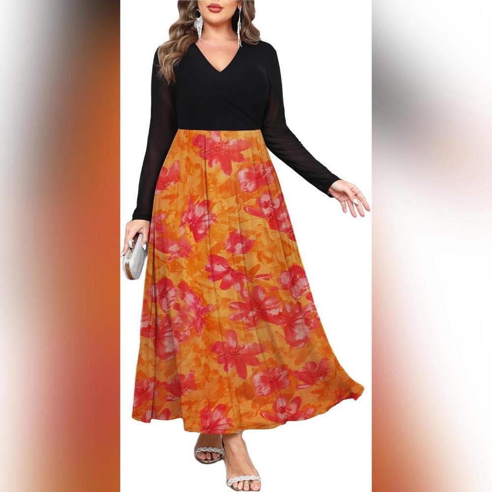 NWT Zomva Floral Print Mesh V Neck Long Sleeve Flowy Maxi Dress, 4XL